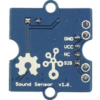 Blaues Sound-Sensor-Board mit Anschlüssen für GND, VCC, NC, SIG. Modellbezeichnung: 'Sound Sensor v1.6'.